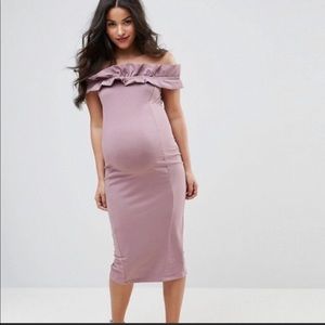 Maternity Ruched Ruffle Bardot Midi Dress